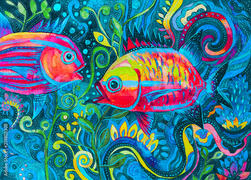 dipinto pesci belli colorati acquerello photo