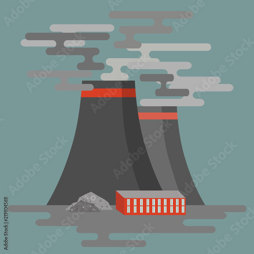 Dirty factory with huge pipes lets smoke puffs into the atmosphere