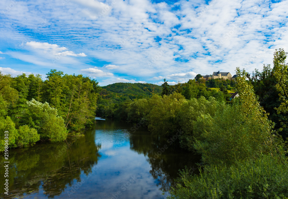 View from the Friedensbrücke in Bad Muenster am Stein-Ebernburg to Ebernburg Castle 