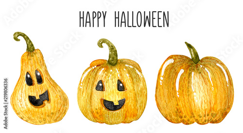 Watercolor Halloween set. Hand drawn holiday illustrations isolated on white background: natural and decorative pumpkins. Artistic autumn decor clip art