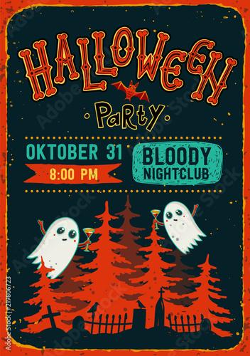 Halloween party. Halloween Party Invitation Flyer. Ghosts with cocktails in h...