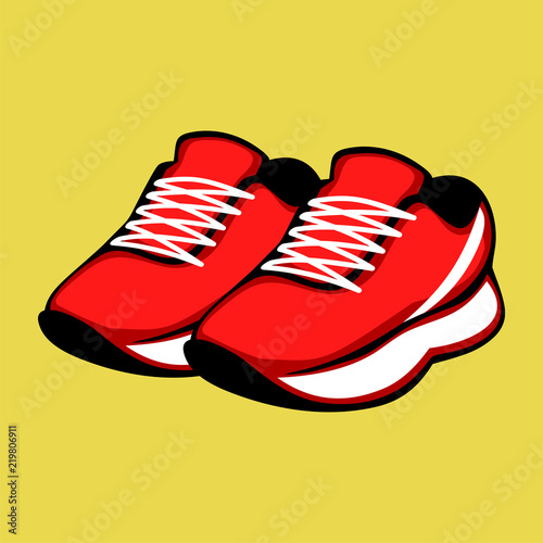 Red sneakers on a yellow background. Vector illustration.