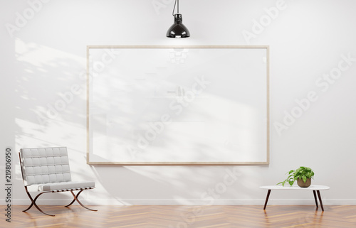 Large horizontal frame hanging on a white wall 3D rendering