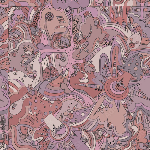 Fairy-tale forest, bright, psychedelic drawing, painted by hand. Seamless pattern