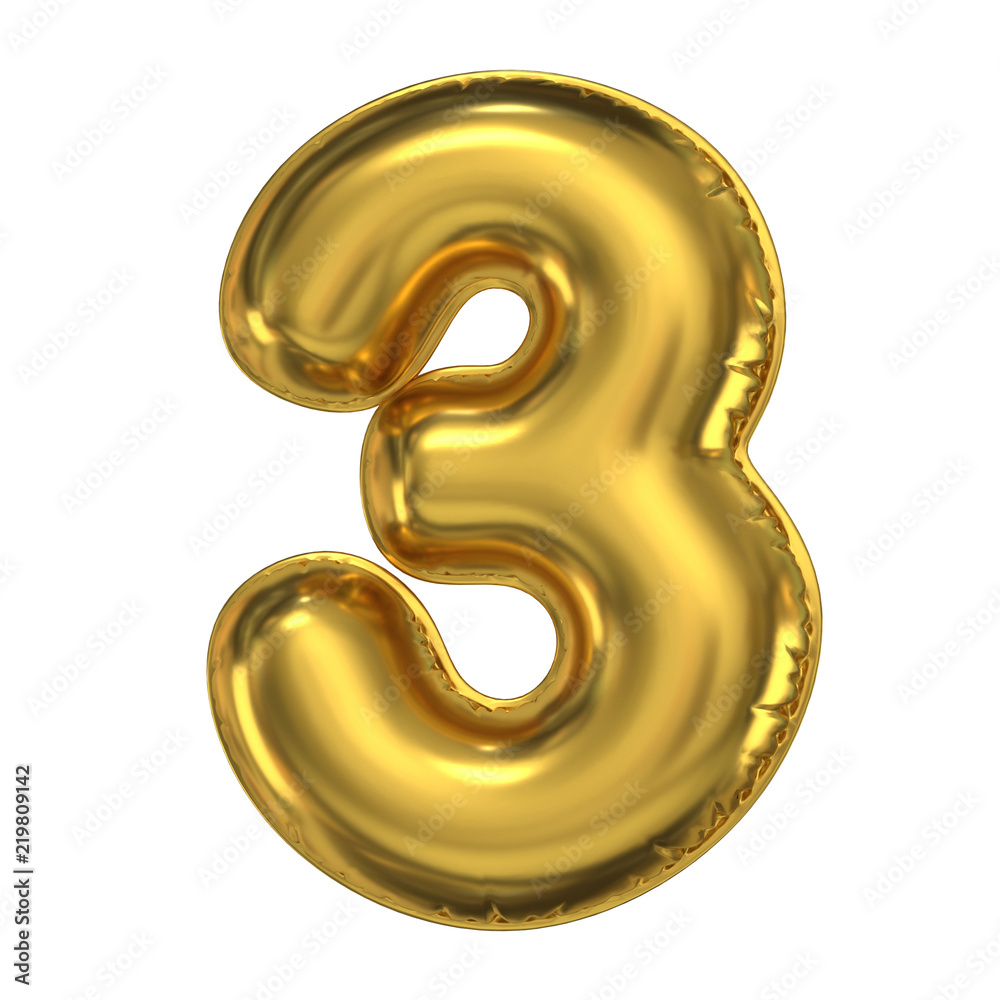 Golden balloon font 3d rendering, number 3 Golden balloon font 3d rendering, number 3