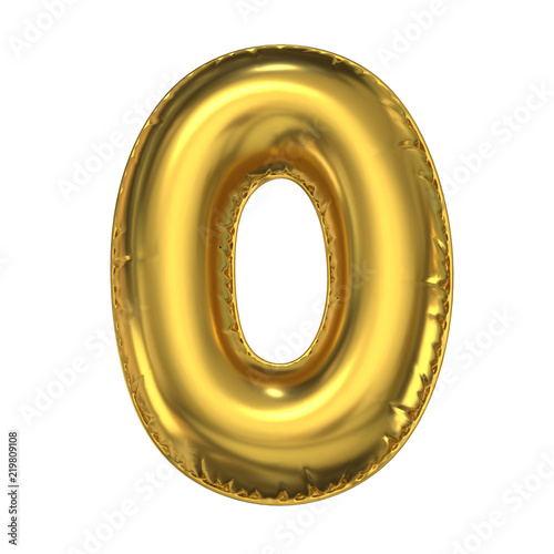 Golden balloon font 3d rendering, number 0
