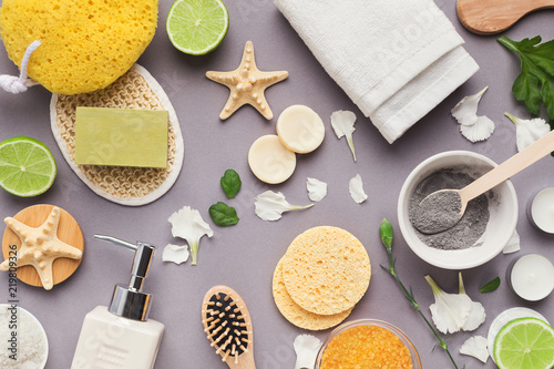 Various spa and beauty threatment products on background photo