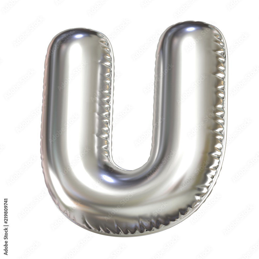 Silver balloon font 3d rendering, letter U