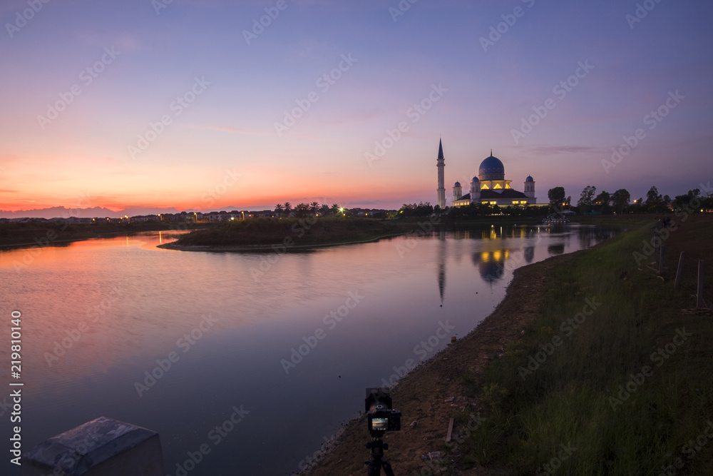sunrise scenery at Penang Island Mosque with reflection.soft focus,blur available when view at full resolution.