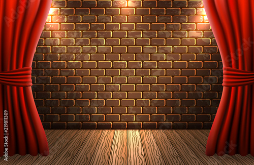 Scene with curtains against decorative brick vintage wall and wooden floor with light from floodlights for signboard