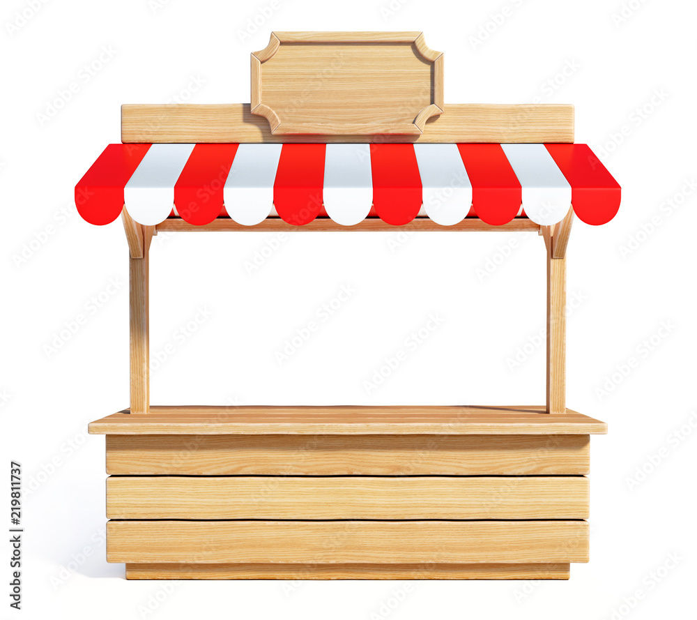 Market stall with striped red and white awning, wooden counter, kiosk, stand, 3d rendering
