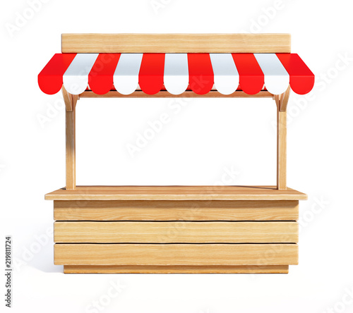 Market stall with striped red and white awning, wooden counter, kiosk, stand, 3d rendering