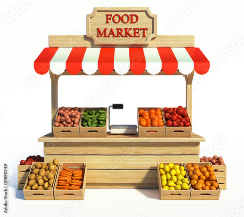 Fotografia Food market kiosk, farmers shop, farm food stall, fruits and vegetables stand 3d