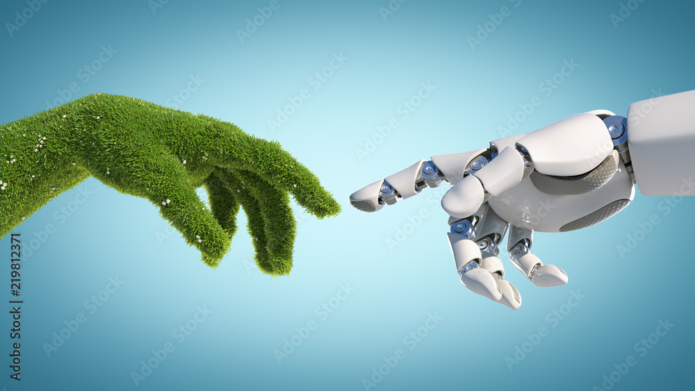 Fototapeta Natura i technologia abstrakcyjna koncepcja, ręka robota i naturalna ręka pokryta trawą sięgającą do siebie, związek technologii i przyrody, współpraca, rendering 3d