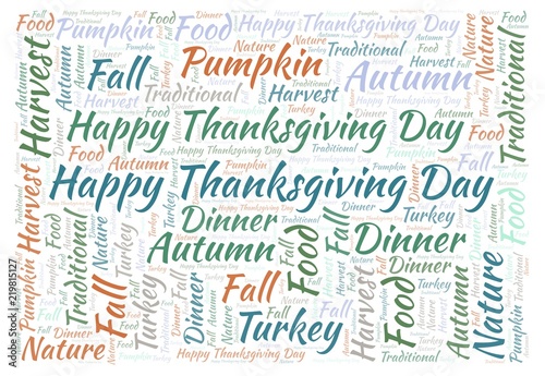 Happy Thanksgiving Day horizontal word cloud.