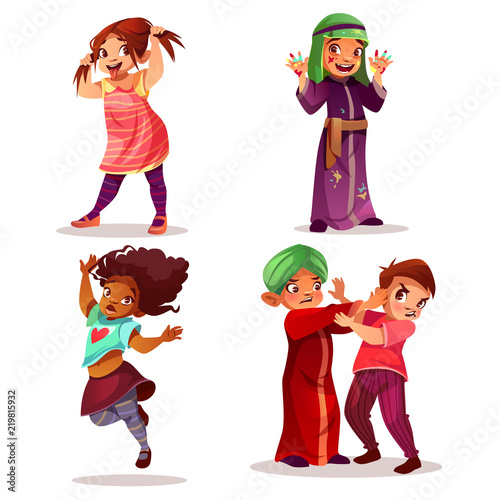 Naughty children vector illustration of kids mischief and misbehavior. Cartoon black Afro-Amercian make face or Saudi Arabian girl in paint stains and Indian boy fighting or beating friend