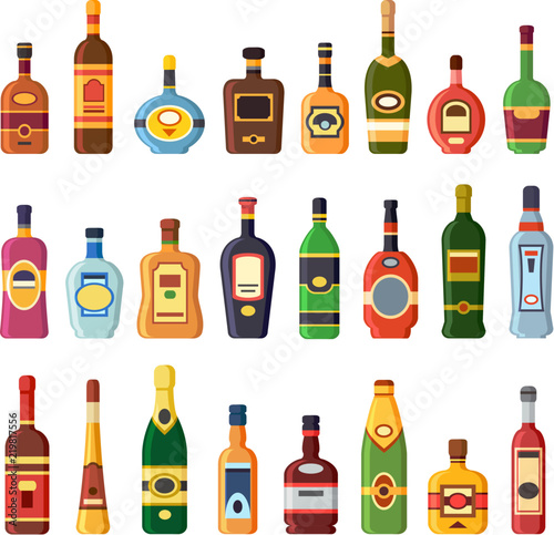 Alcohol bottles. Alcoholic liquor drink bottle with vodka, cognac and liqueur. Whisky, rum or brandy liquors isolated flat icons set photo