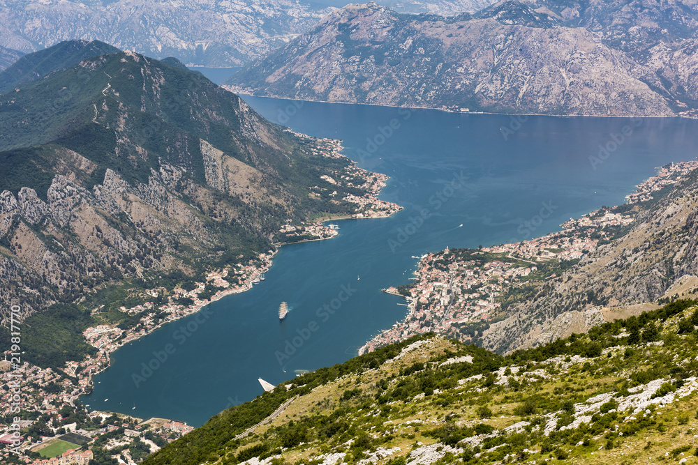 Kotor Bay is a bay of from the Adriatic sea in southwestern Montenegro. The main town seen in the photo is Kotor which is one of the UNESCO’s World Heritage Sites