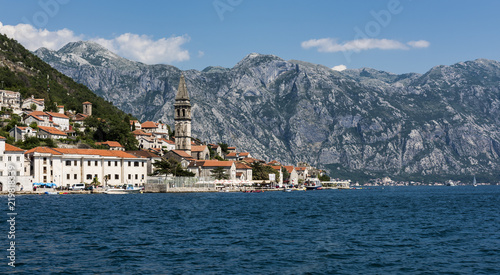 The bell tower of St Nicholas Church and the village of Perast in Montenegro. Perast is a beautiful village that sits on the bay of Kotor on the adriatic sea. © Alan Smithers