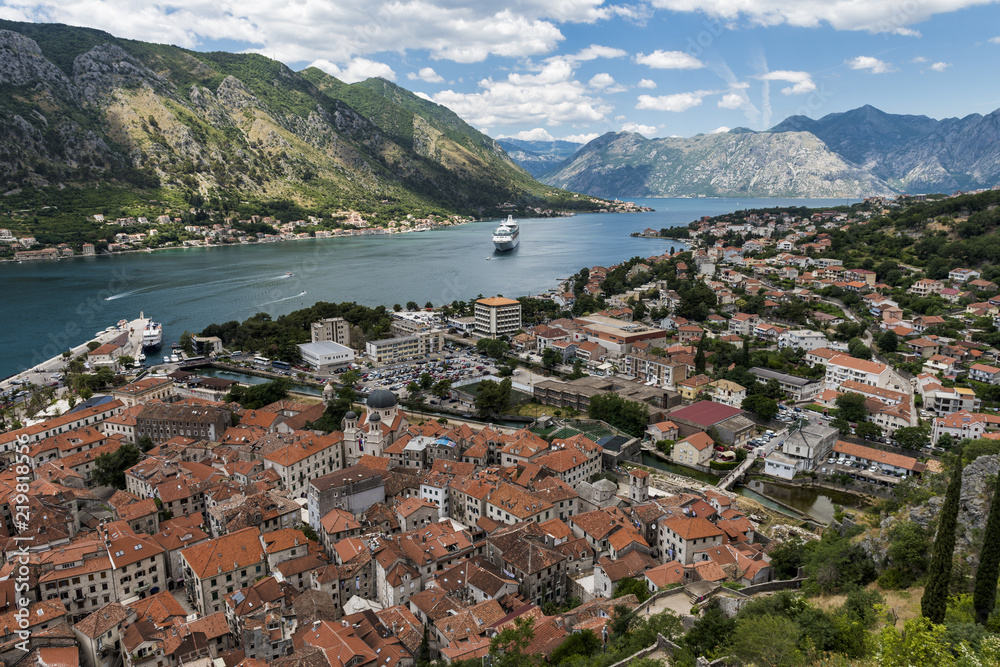 View of the beautiful old town of Kotor in Kotor Bay. Kotor Bay is a bay from the Adriatic sea in southwestern Montenegr and Kotor is one of the UNESCO’s World Heritage Sites