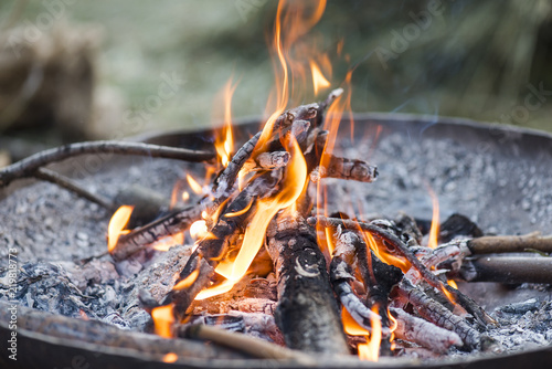 Bonfire at a Camping, close-up photo of outdoor bonfire