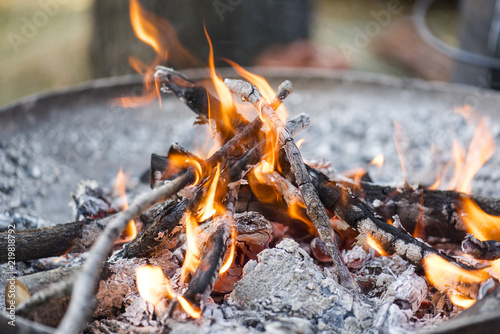 Bonfire at a Camping, close-up photo of outdoor bonfire