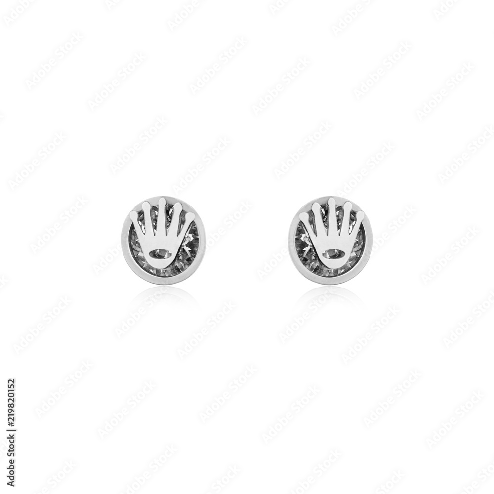 Pair of silver diamond earrings isolated on white Pair of silver diamond earrings isolated on white