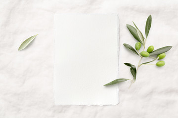 feminine minimalist styled wedding stationery  mockup with a blank invitation card (portrait format) and a fresh olive twig on a white soft linen background, flat lay / top view