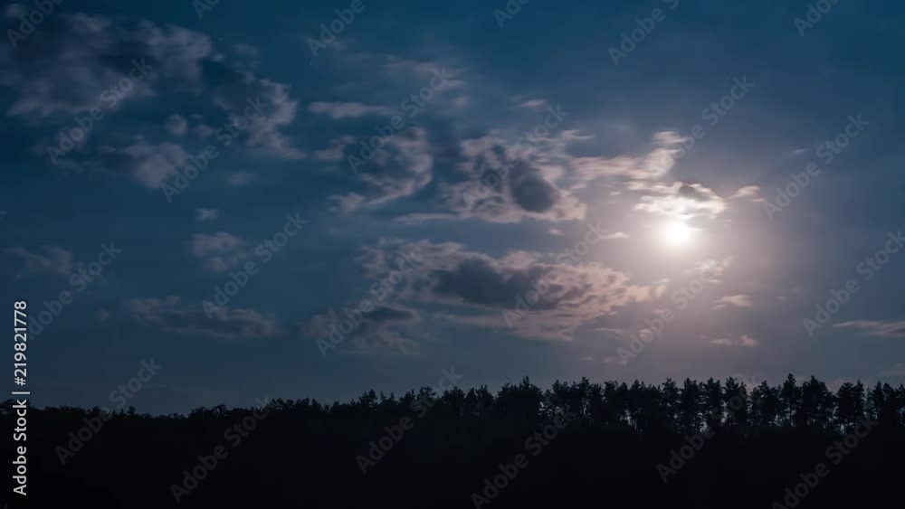 Full moon at night rising over pine tree forest with clouds passing by, time lapse.
