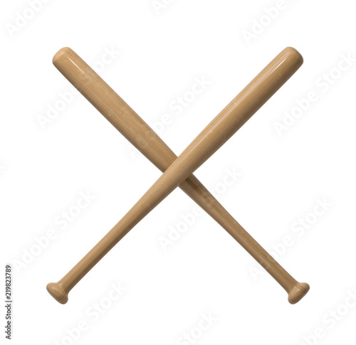 3d rendering of two wooden baseball bats with polish finishing making a cross shape on a white background.