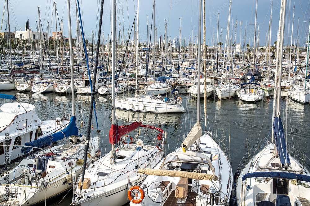 Port with yachts in Barcelona, Spain - May 17, 2018.