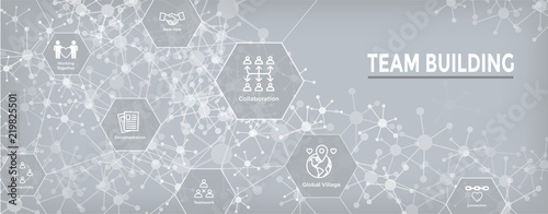 Team Building, Teamwork, - Connectivity Icon Set with Stick Figures and Intersections Web Header Banner