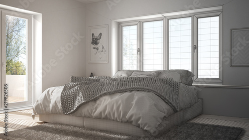 Unfinished project draft interior design, scandinavian white and green minimalist bedroom with panoramic window, fur carpet and herringbone parquet © ArchiVIZ