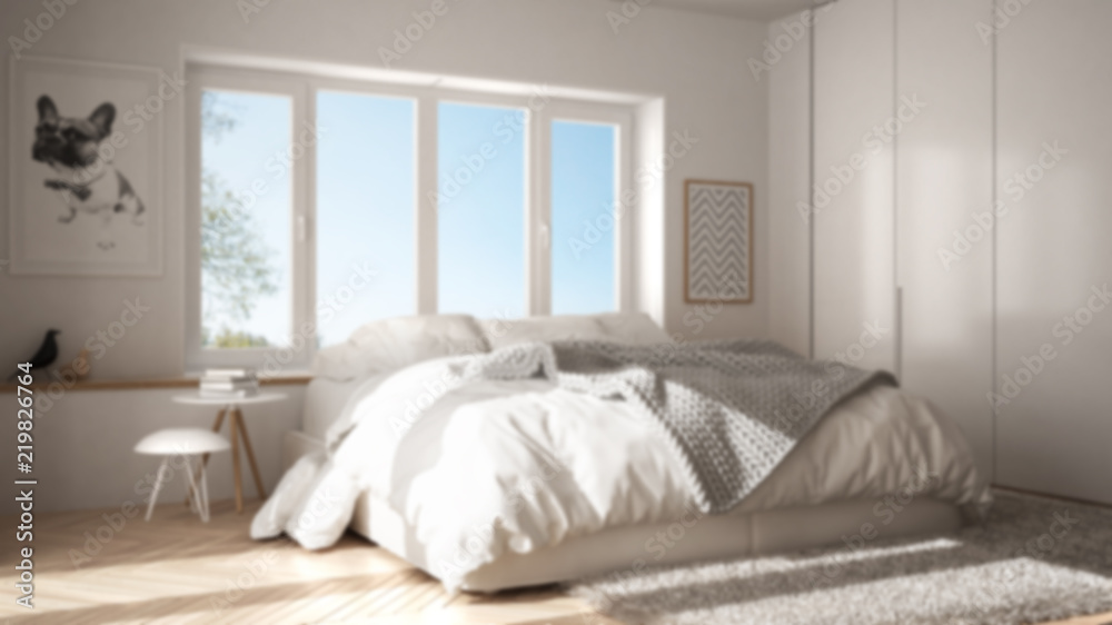 Fototapeta premium Blur background interior design, scandinavian white and green minimalist bedroom with panoramic window, fur carpet and herringbone parquet