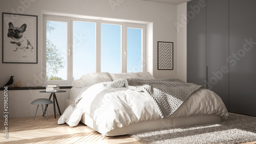 Scandinavian white and gray minimalist bedroom with panoramic window  fur carpet and herringbone parquet  modern architecture interior design