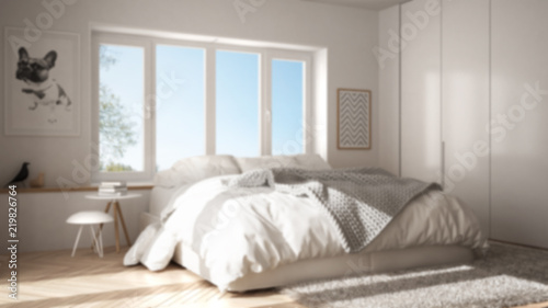 Blur background interior design, scandinavian white and green minimalist bedroom with panoramic window, fur carpet and herringbone parquet © ArchiVIZ