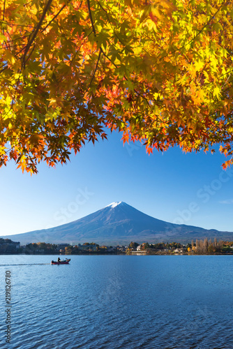 Autumn color red maple and Mount Fuji with morning at lake Kawaguchiko, Japan