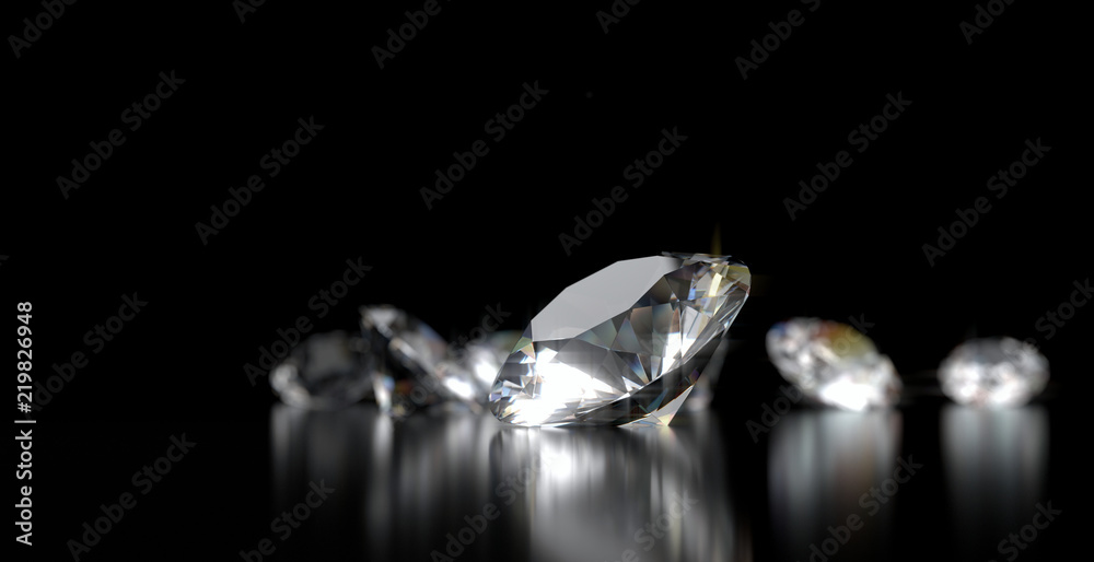 Realistic diamonds on black background, 3D illustration.