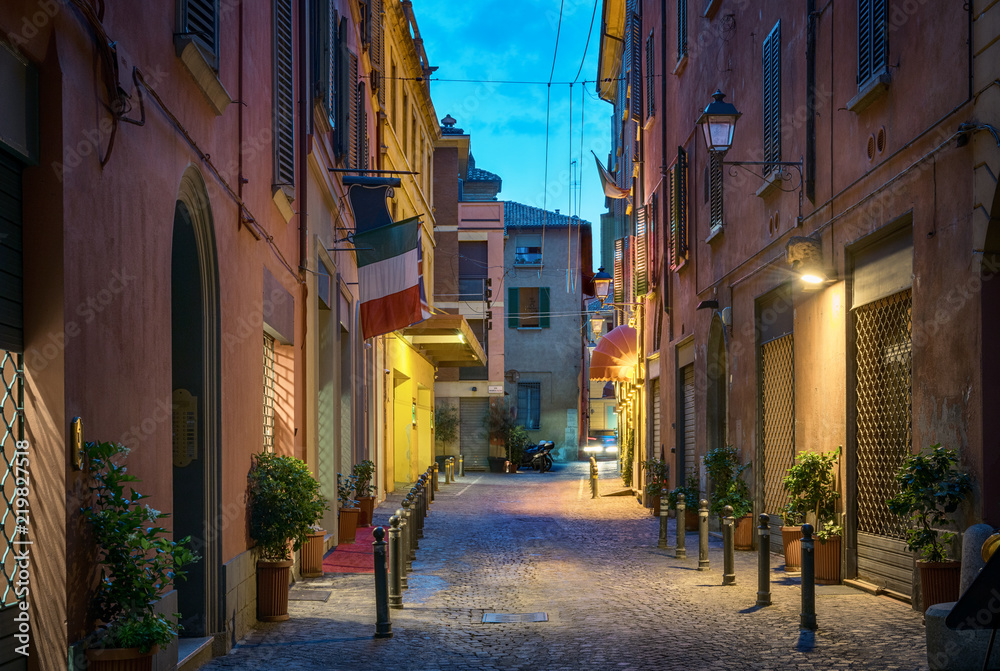 Evening view of Via de' Fusari street, Bologna, Italy.