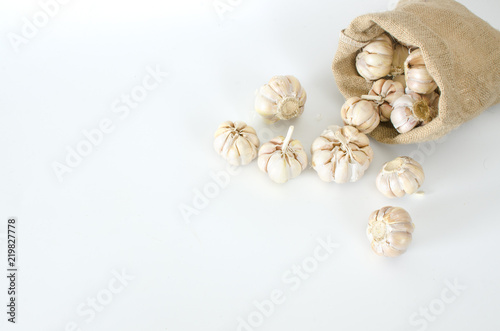 multi bulb garlic in sack on white background