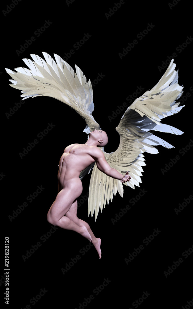 Naklejka premium 3d ilustracja skrzydła anioła, upierzenie białe skrzydło na białym na czarnym tle ze ścieżką przycinającą.