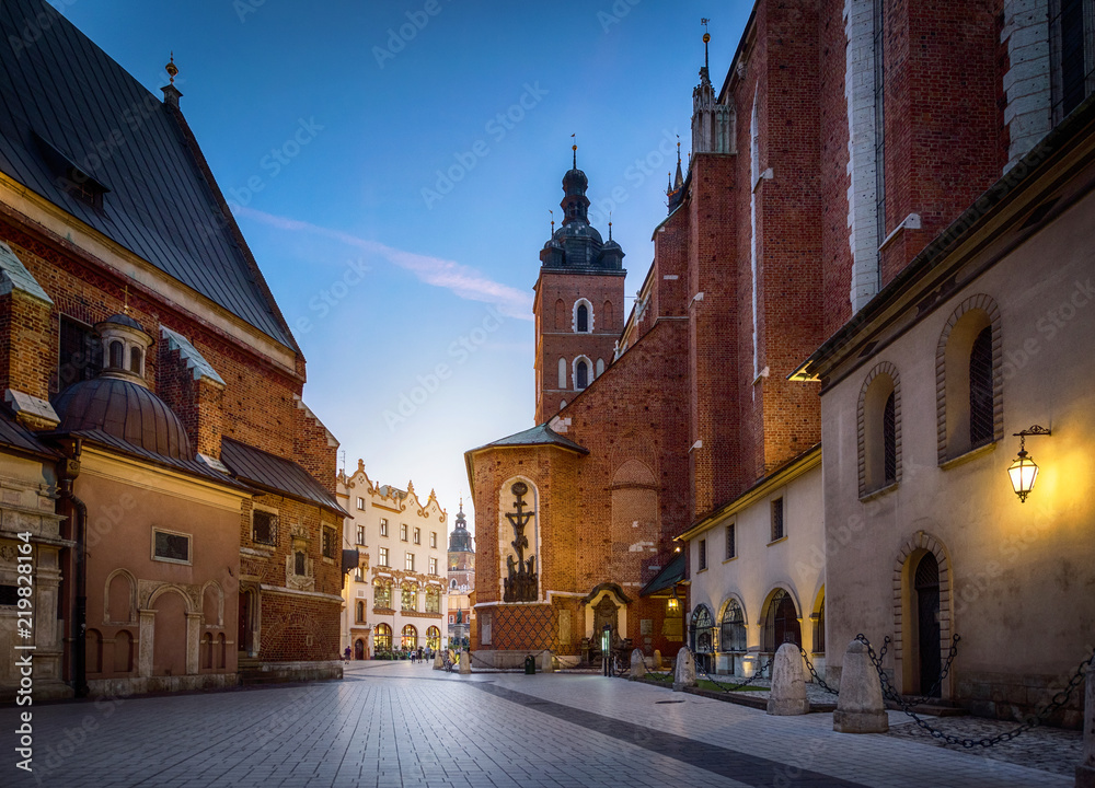 Old city center view with St. Mary's Basilica in Krakow, Poland.  Night view, long exposure.