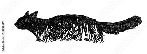 Black Cat in a grass. Graphic feline illustration. Hand drawn ink work. Animalistic design. Can be used as logo, background, prints, desktop wallpaper, etc.