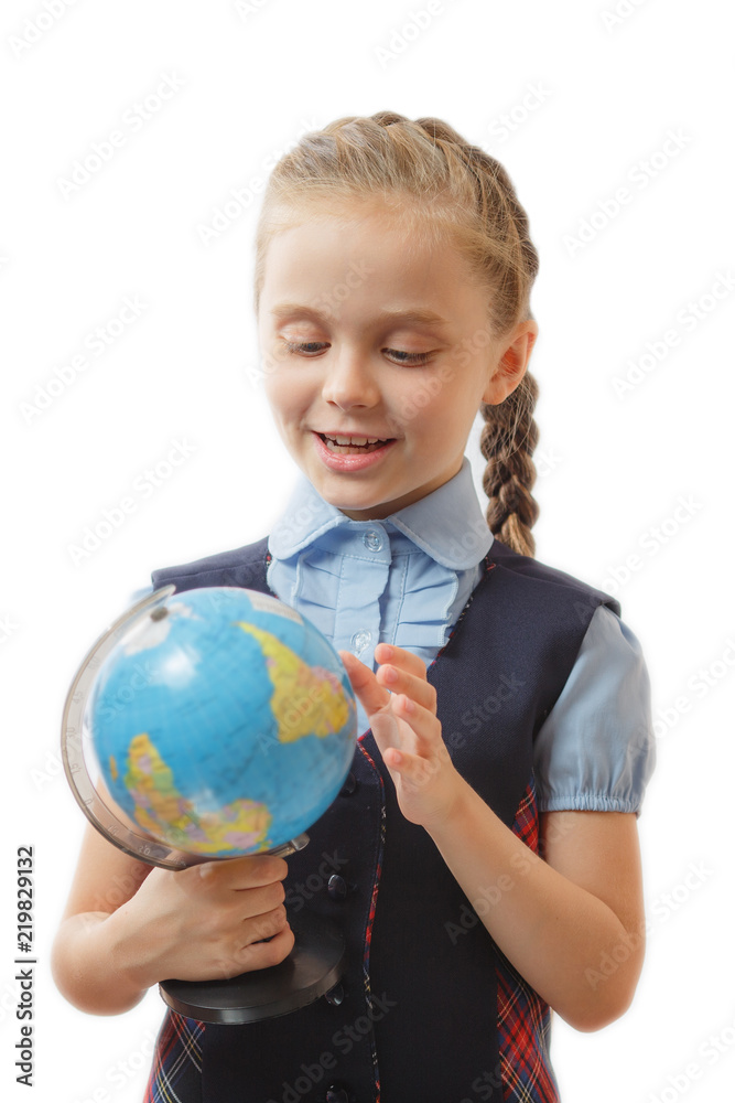 girl holding a world globe on a white background girl holding a world globe on a white background