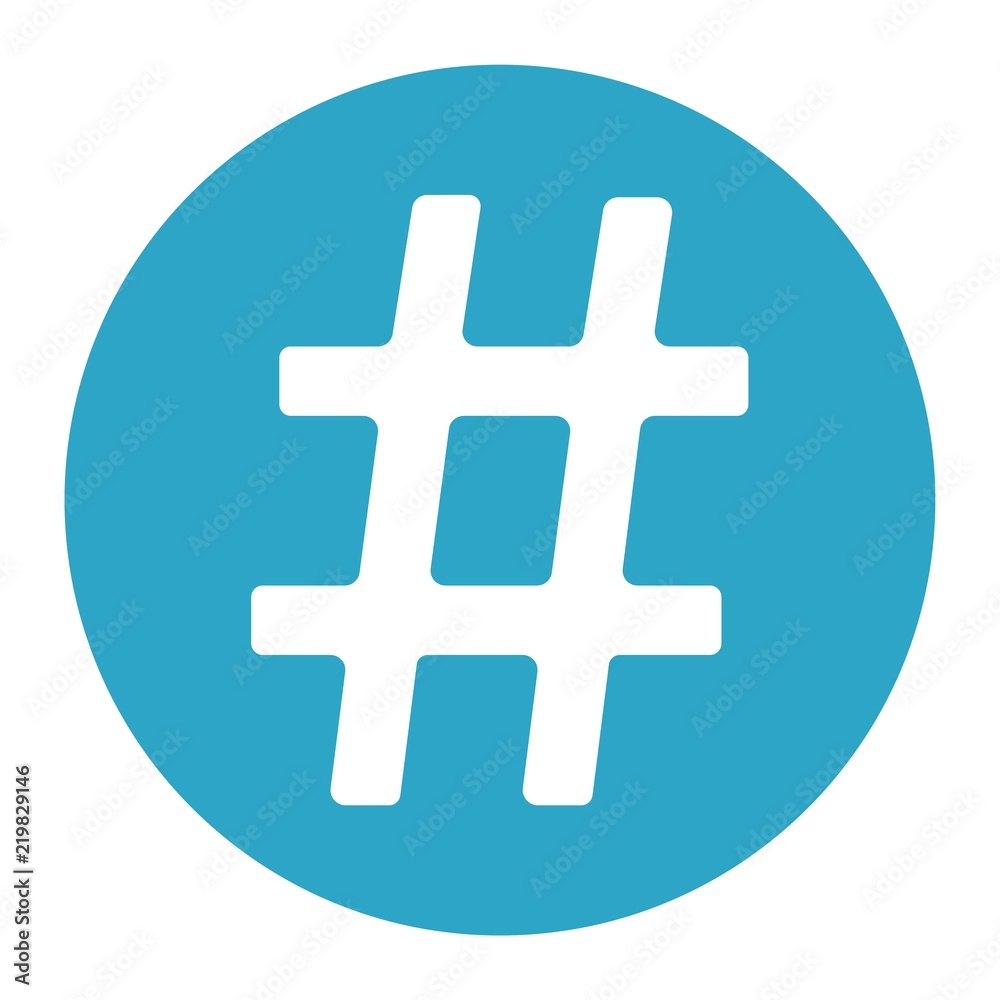Obraz premium Flat icon white hashtag in blue circle isolated on white backogrund. Vector illustration.