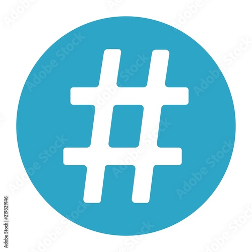 Flat icon white hashtag in blue circle isolated on white backogrund. Vector illustration.