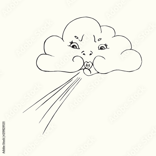 Cloud with funny face blowing wind from it`s lips, hand drawn doodle, sketch isolated vector outline black and white illustration