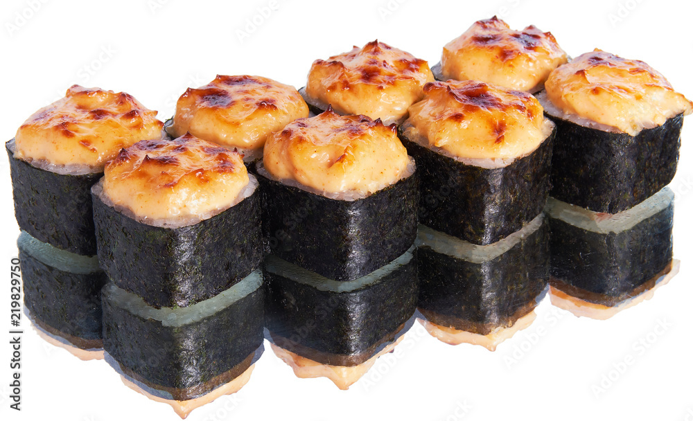 baked sushi on white background with reflection baked sushi on white background with reflection