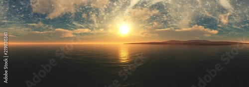 Beautiful sea sunset. Panorama of the oceanic sunrise. The sun is above the water. 