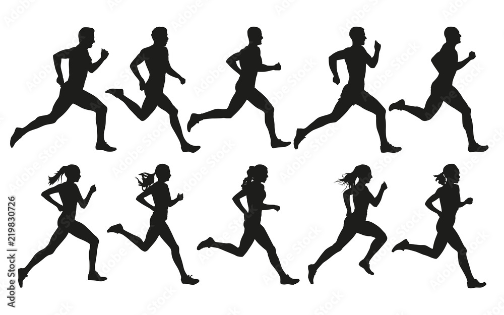 Run. Running men and women, vector set of isolated silhouettes